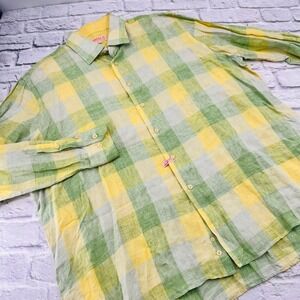 Inserch Mens 4XL Green Yellow Plaid 100% Linen Button Up Shirt Casual